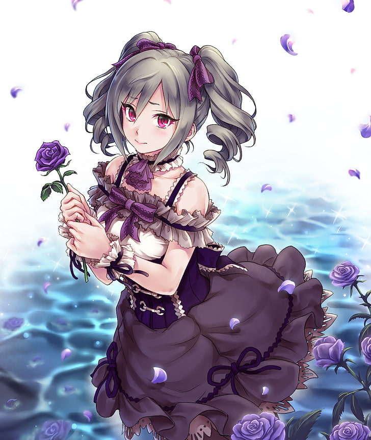 white  background, dress, Kanzaki Ranko, purple flower, HD wallpaper